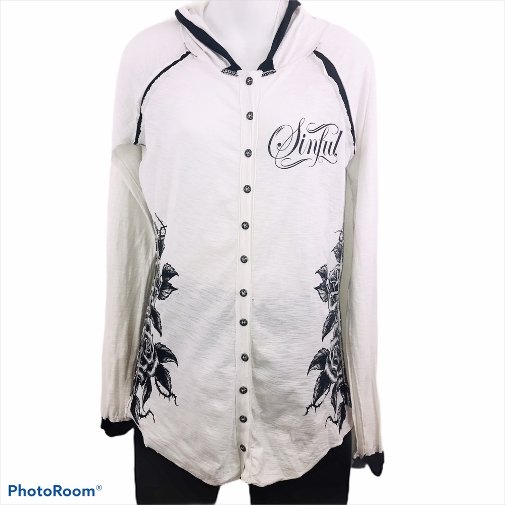 Sinful Affliction Graphic Embellished Cardigan Top Jacket Medium Biker